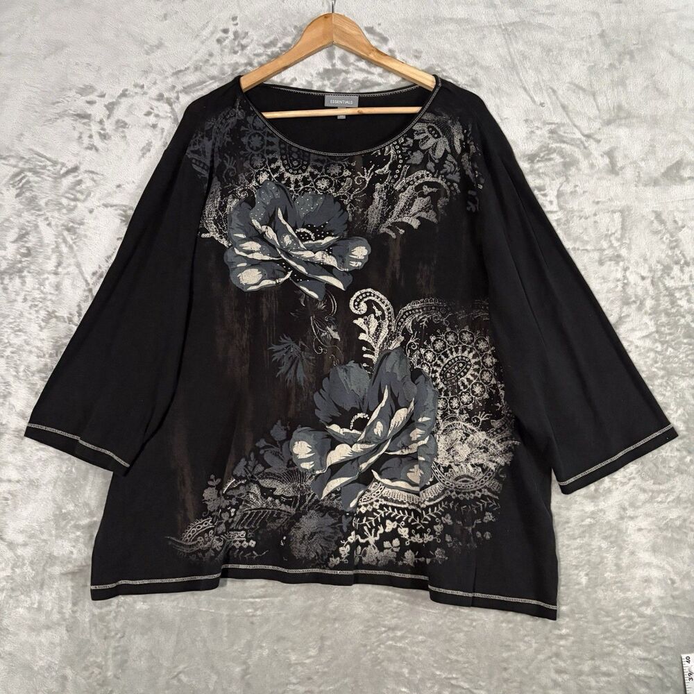 Essentials Blouse 4X Black Blue Floral Paisley Crochet Graphic T-Shirt Top Boho